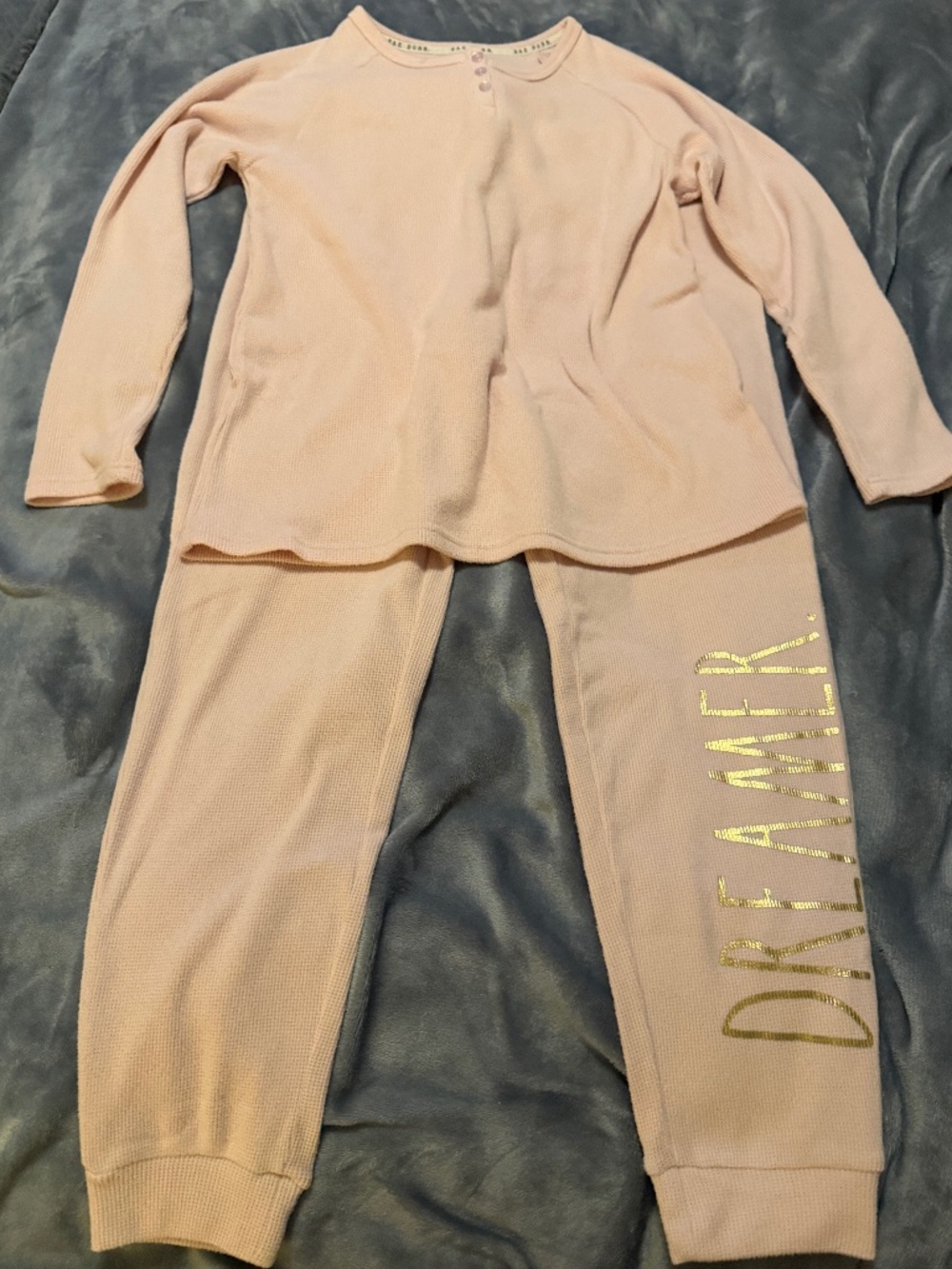 Rae Dunn M Dreamer Waffle Knit Pajama Lounge Set Pink Gold
